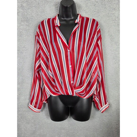 Zara Womens Top Sheer Striped Button Down  XS Red White Blue LS Patriotic Blouse - Picture 1 of 8